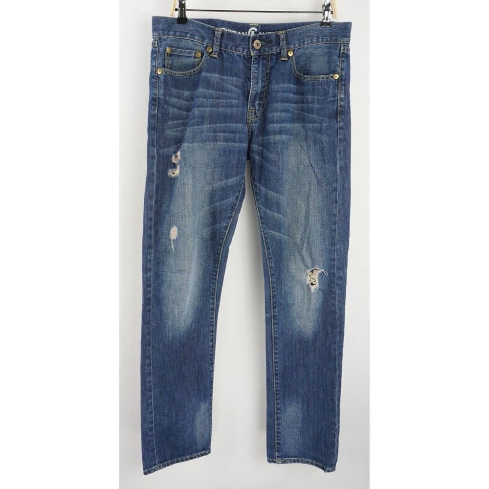 Christian Audigier‎ Denim Men's 32 x 34 Blue Distressed Torn Straight Leg Jeans